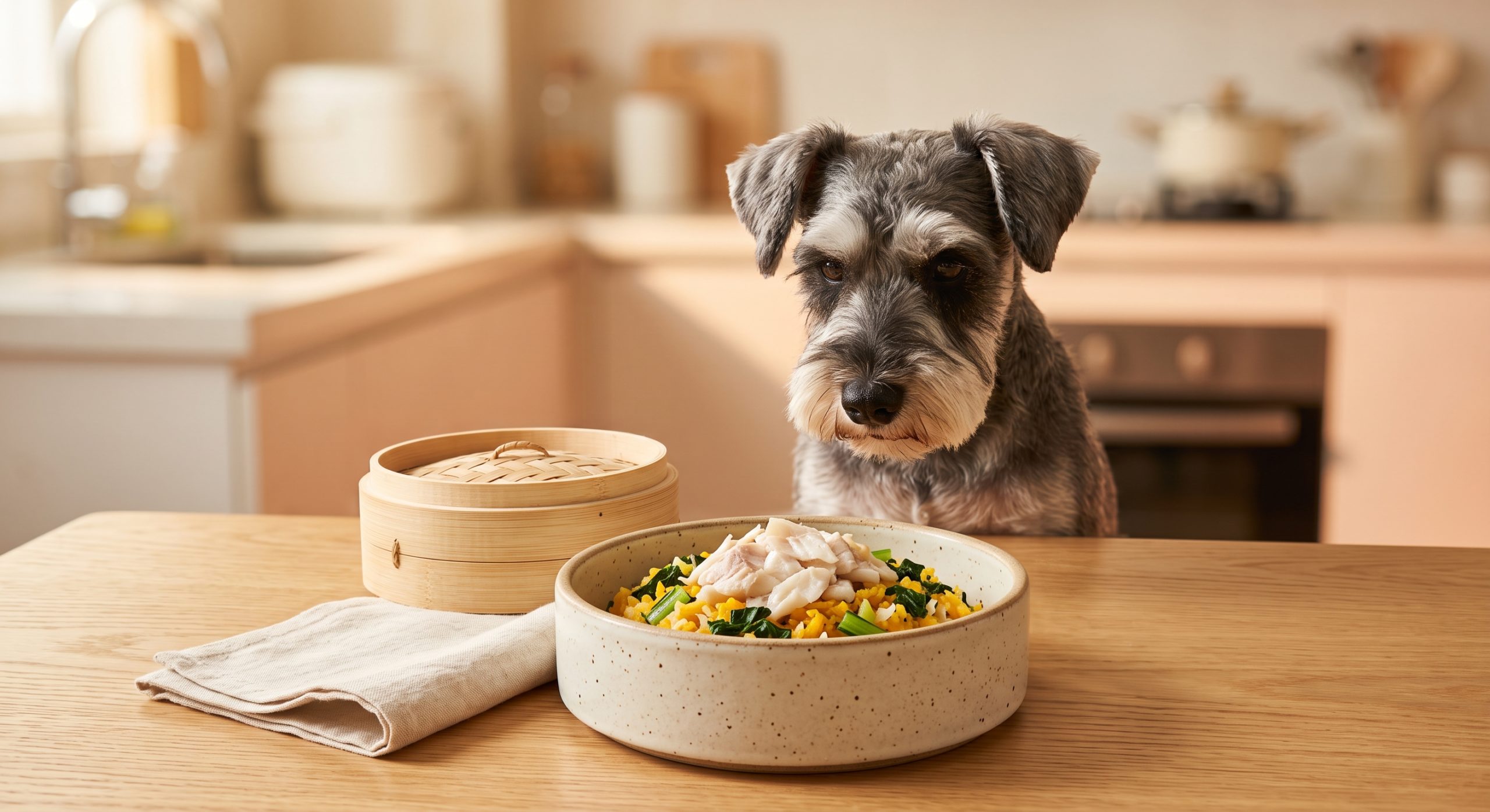 蒸鱸魚南瓜飯狗狗食譜 - steamed seabass pumpkin rice dog food recipe with a miniature schnauzer