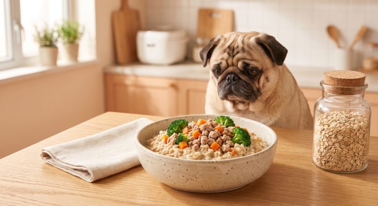 免治火雞紅蘿蔔燕麥狗狗食譜 - turkey carrot oat dog food recipe with a pug