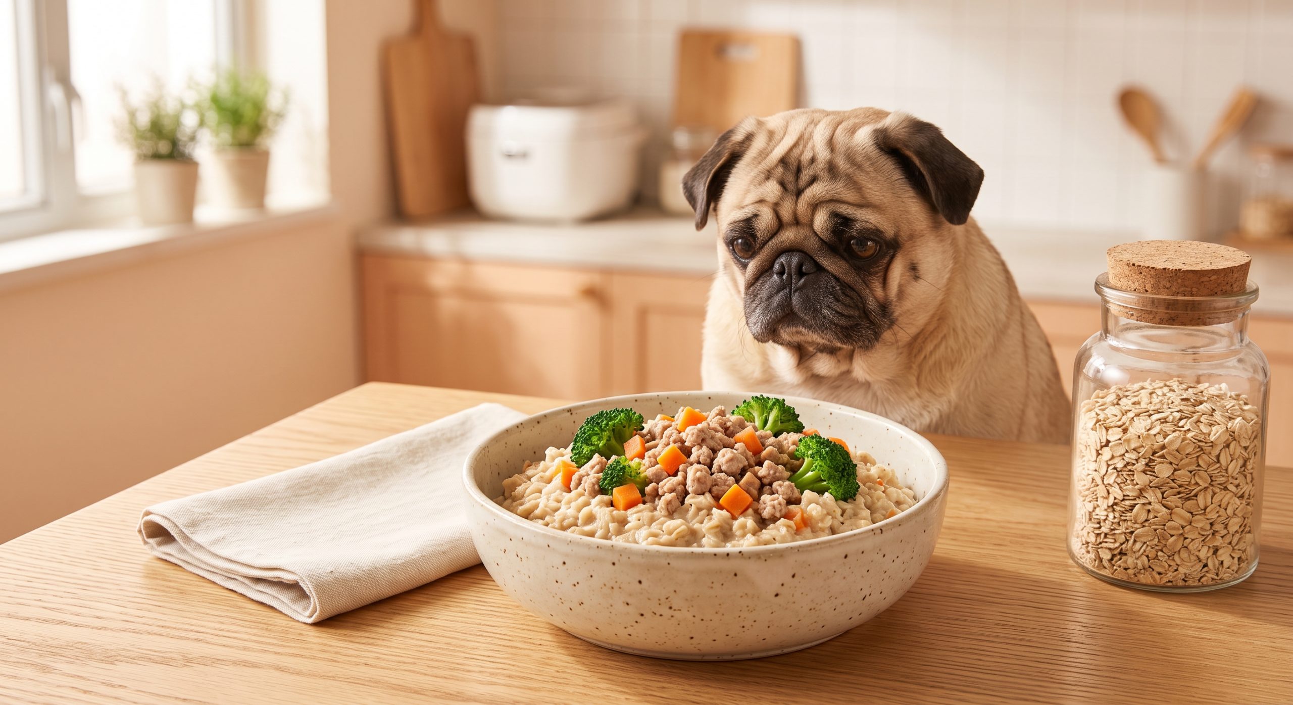 免治火雞紅蘿蔔燕麥狗狗食譜 - turkey carrot oat dog food recipe with a pug