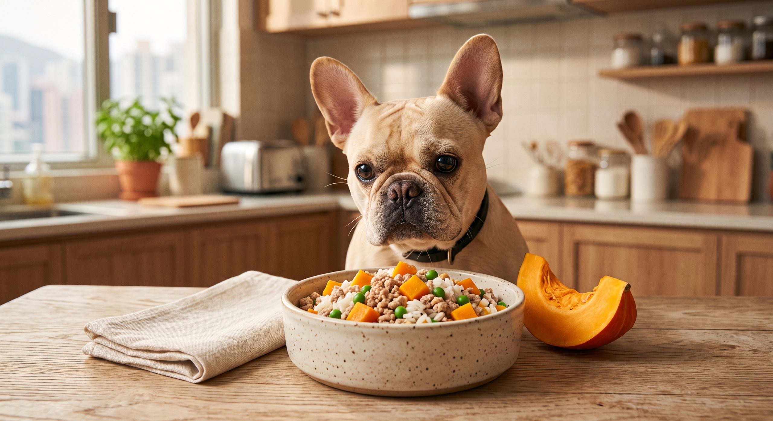 火雞南瓜飯狗狗食譜 - turkey pumpkin rice dog food recipe with a french bulldog