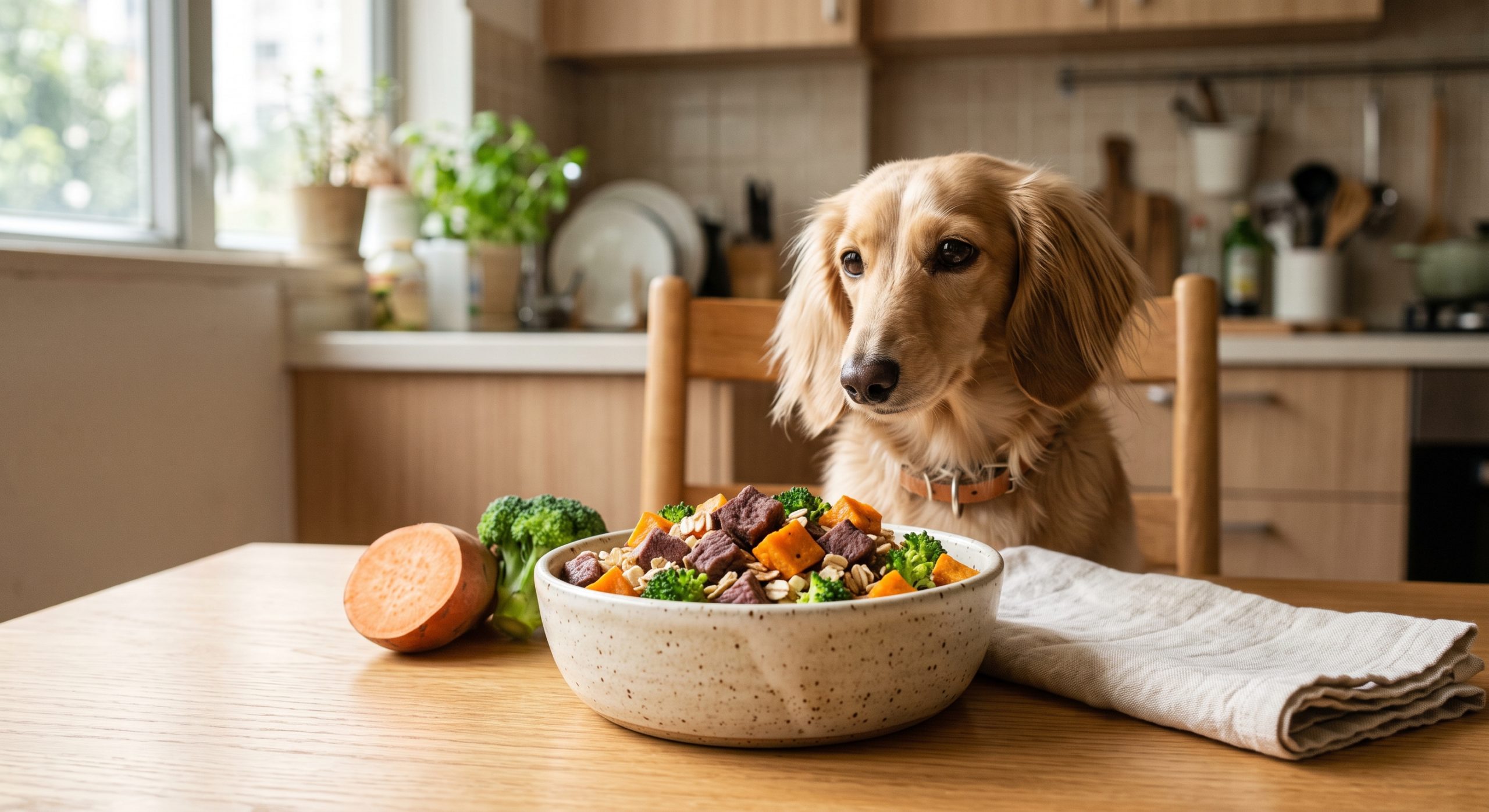 鹿肉番薯西蘭花狗狗食譜 - venison sweet potato broccoli dog food recipe with a long haired dachshund