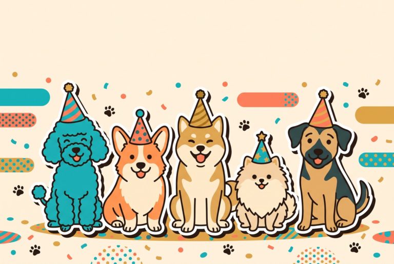 Five happy cartoon dogs wearing party hats, celebrating Dogalicious 10th anniversary Hong Kong dog name survey